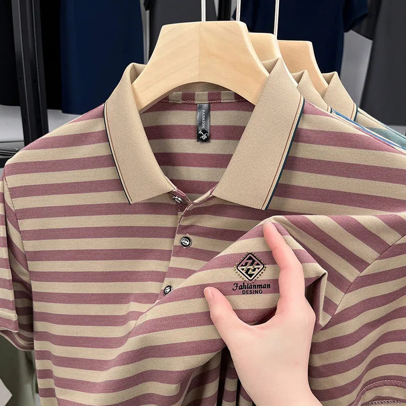 A man wearing a blue mosaic striped short sleeve polyester t-shirt, showcasing the casual fit.