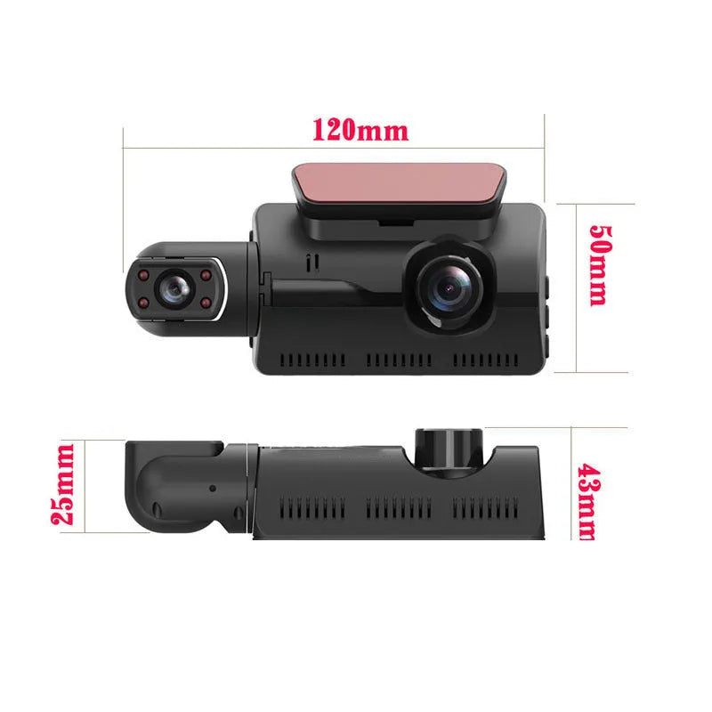 Black 3-inch dual lens driving recorder on-board camera with button controls and motion detection
