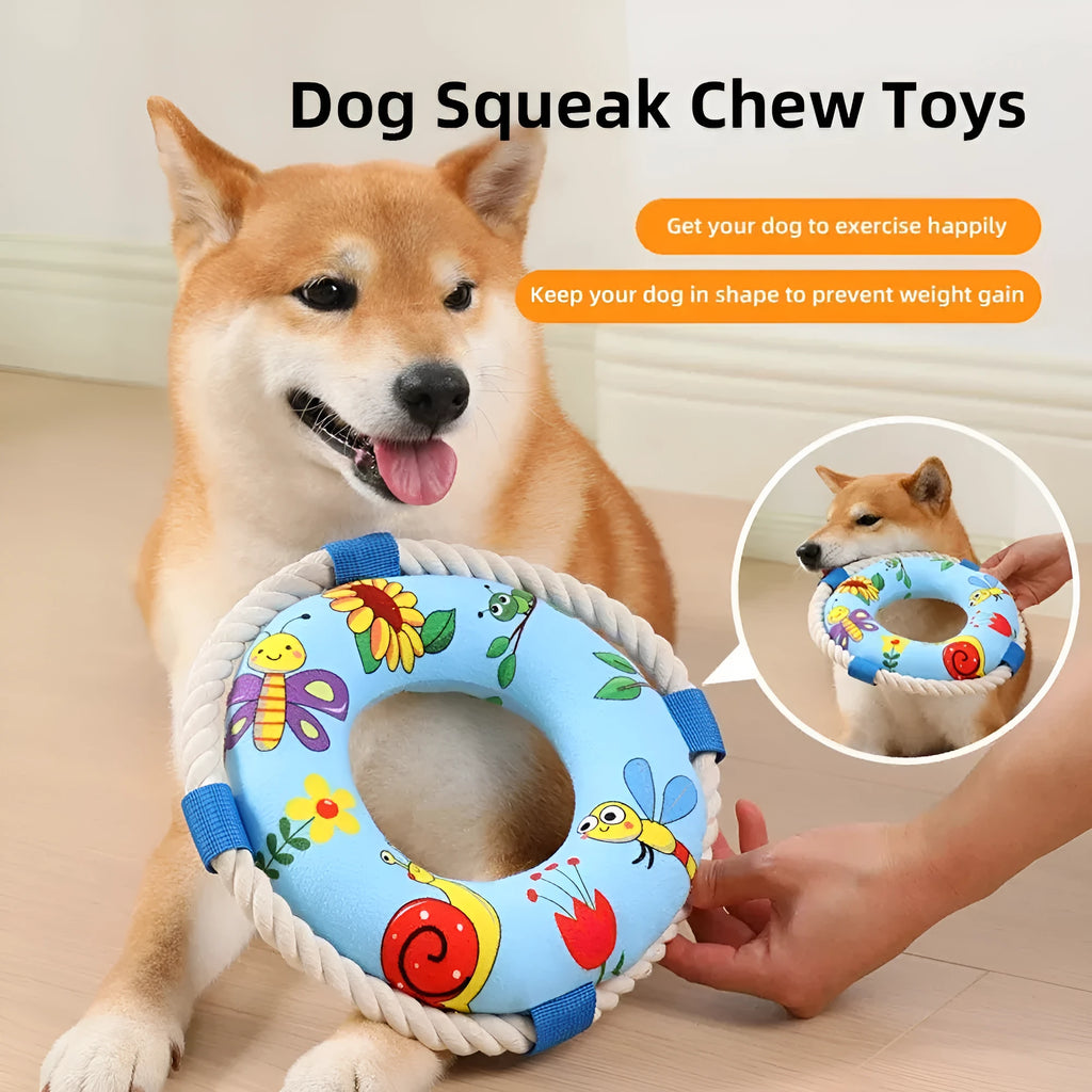 25cm diameter plush dog pull ring toy with squeaker in blue, yellow or pirate design