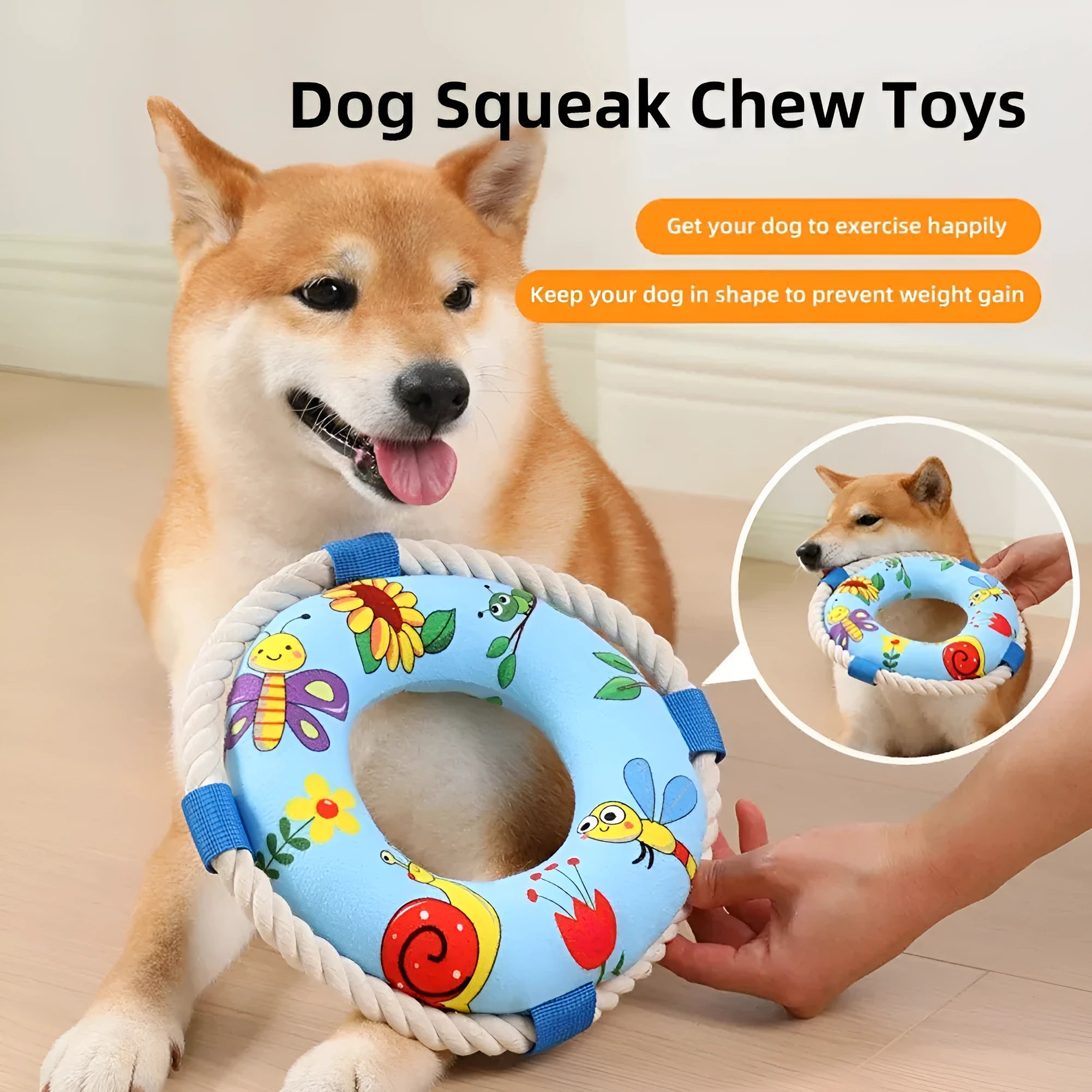25cm diameter plush dog pull ring toy with squeaker in blue, yellow or pirate design
