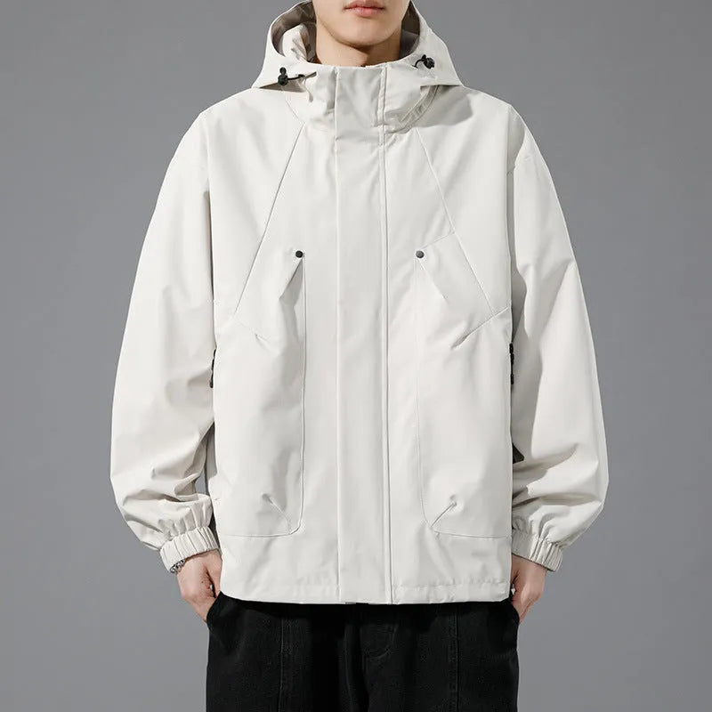 Men's plus size hooded casual coat in khaki, front view, polyester blend, spring autumn