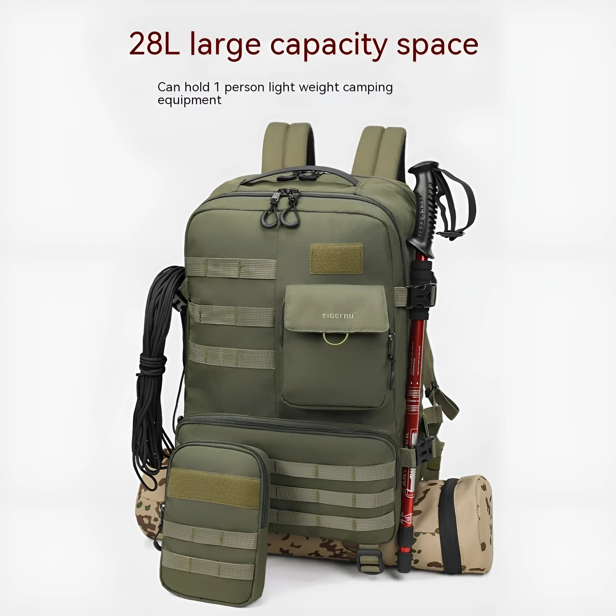 17-inch Army Green tactical backpack with waterproof nylon construction and 20-35L capacity