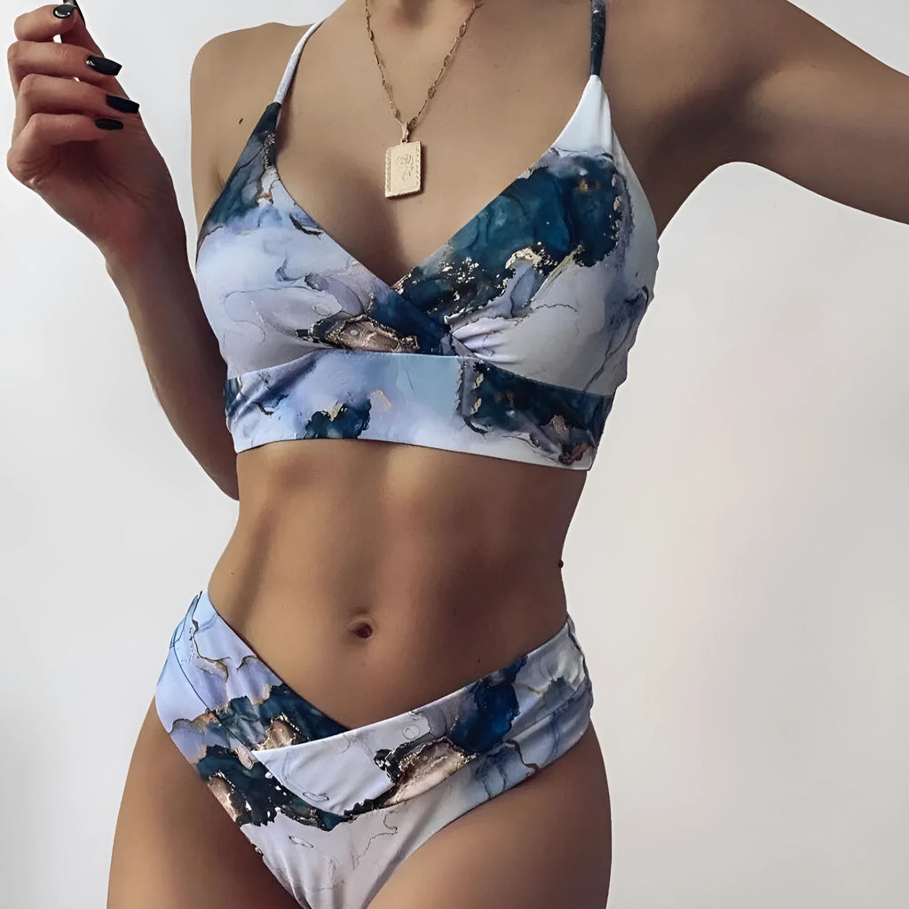 Women's marble tie-dye high-waist bikini set with U-neck top and separate pieces