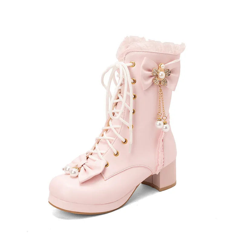 Lolita short boots with bow detail, low thick heel, front lace-up, solid colour artificial PU upper