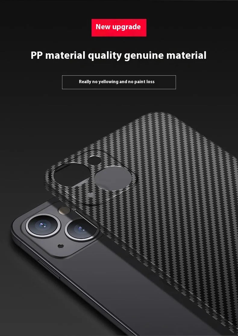Black ultra-thin hard shell phone case with carbon fibre grain finish and anti-fingerprint PP rear cover.