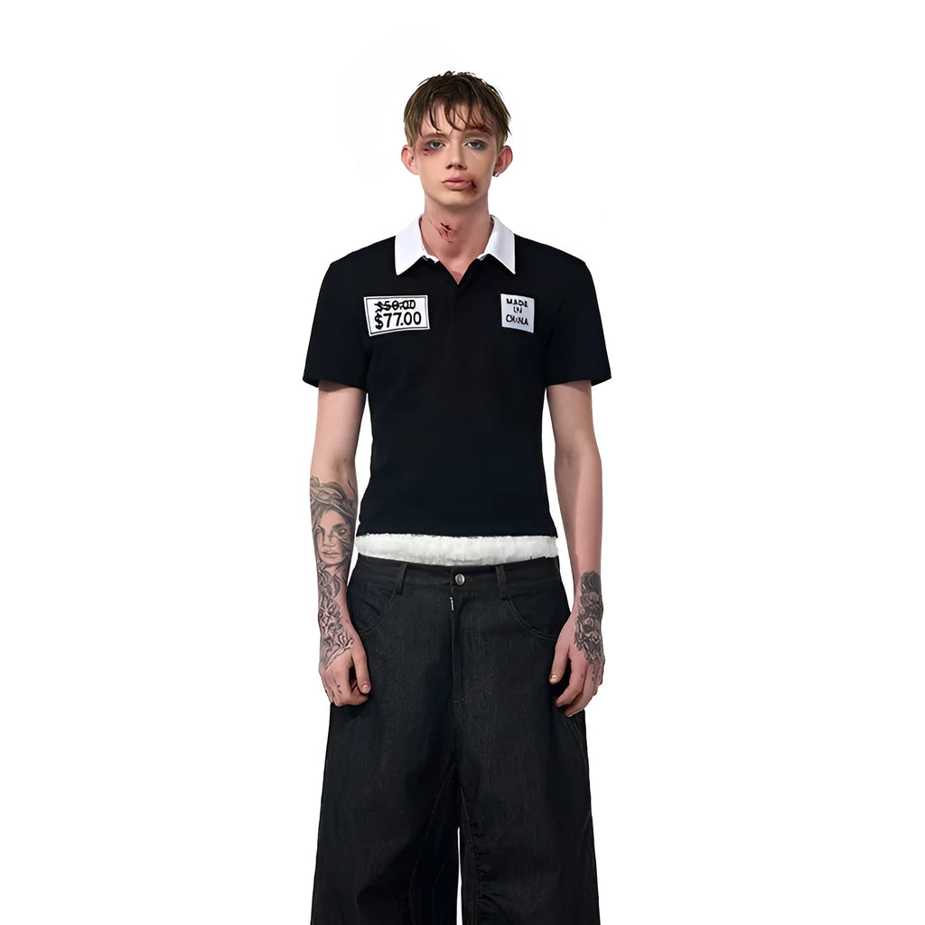 Black men's slim fit summer polo shirt with embroidery detail and short sleeves