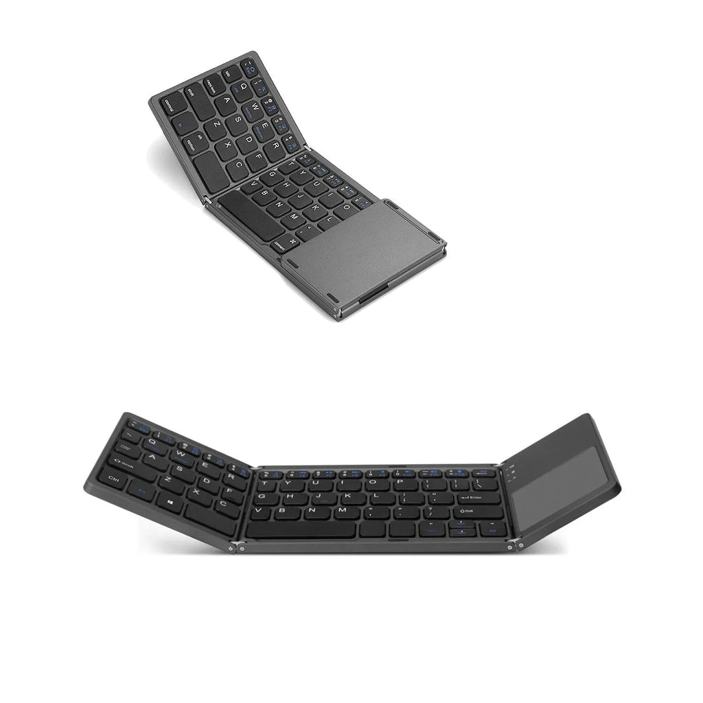 Mini tri-fold Bluetooth keyboard unfolded showing black keys and silver casing