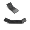 Mini tri-fold Bluetooth keyboard unfolded showing black keys and silver casing