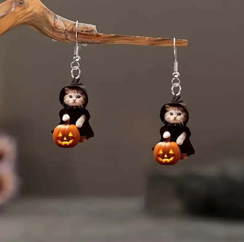 Handmade acrylic cat earrings in a flat creative Christmas style for women, one pair