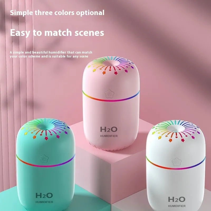 Compact white USB humidifier with 300ml water tank on office desk next to laptop