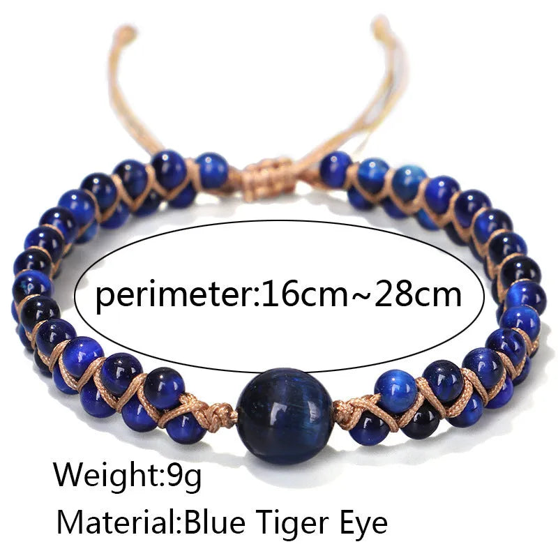 Handmade woven geometric pull bracelet in blue Tigereye or purple Amethyst beads.