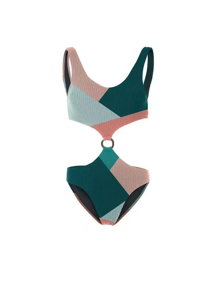Contrast colour two-piece bikini with matching mesh gauze skirt on a model.