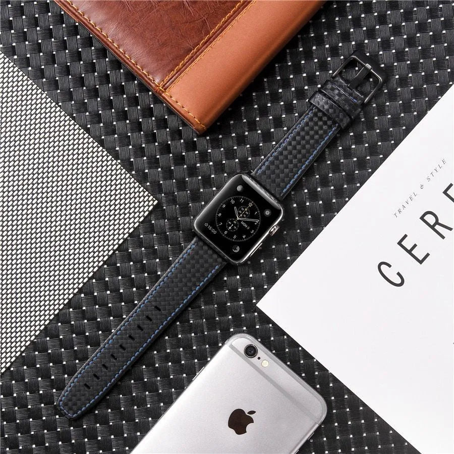 Apple Watch case with leather strap and carbon fibre elements in four colour options