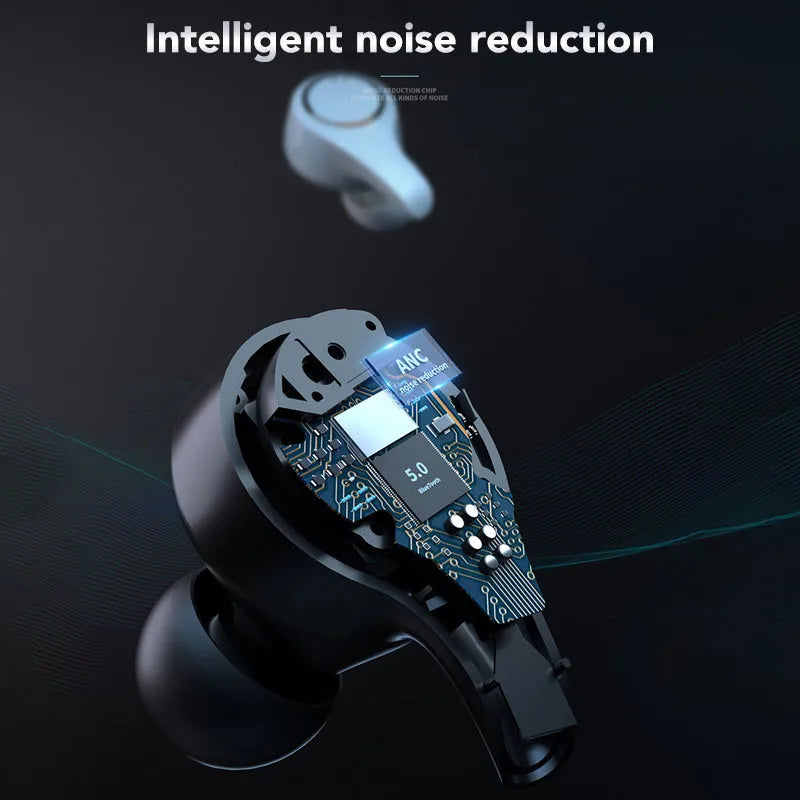 Black and white ANC Active Noise Cancelling Bluetooth headphones with earplug design.