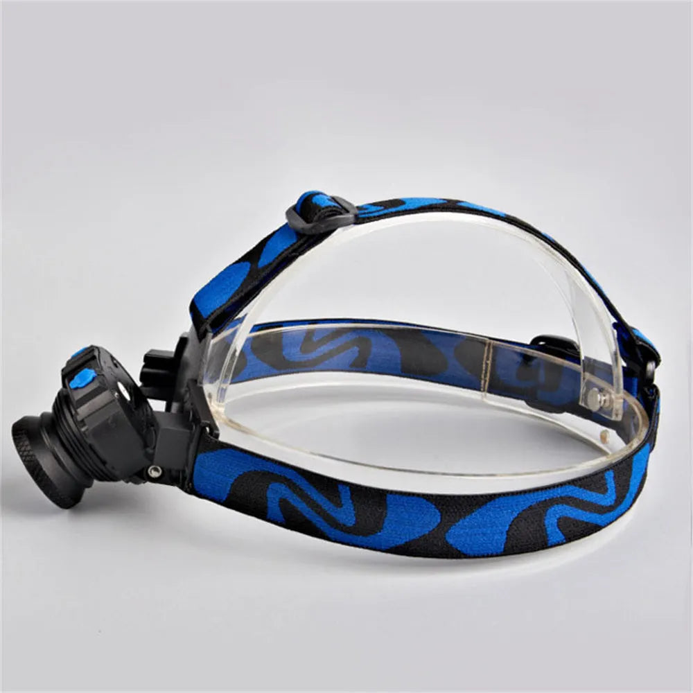 Blue aluminium alloy rechargeable LED headlamp with headband and focusing XPG light