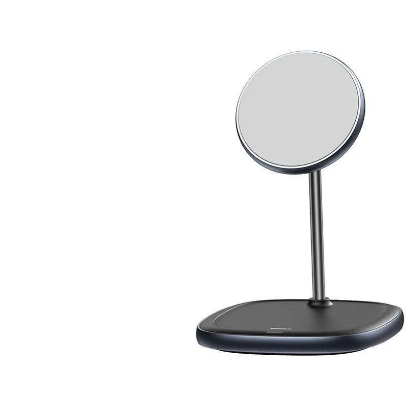 Black magnetic wireless charging stand for Apple iPhone 12 series with device attached at viewing angle