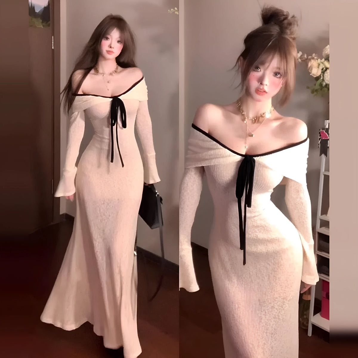 Pure Desire white off-shoulder long-sleeved knitted dress for women, high-waist polyester