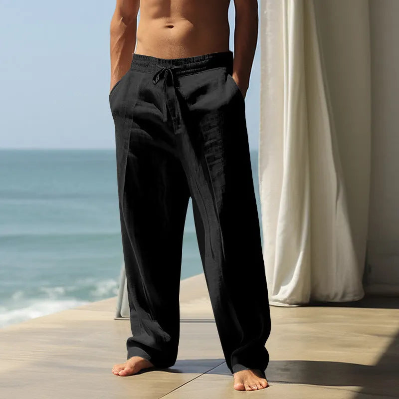 Men's loose casual cotton trousers in seven solid colours with elasticated waist