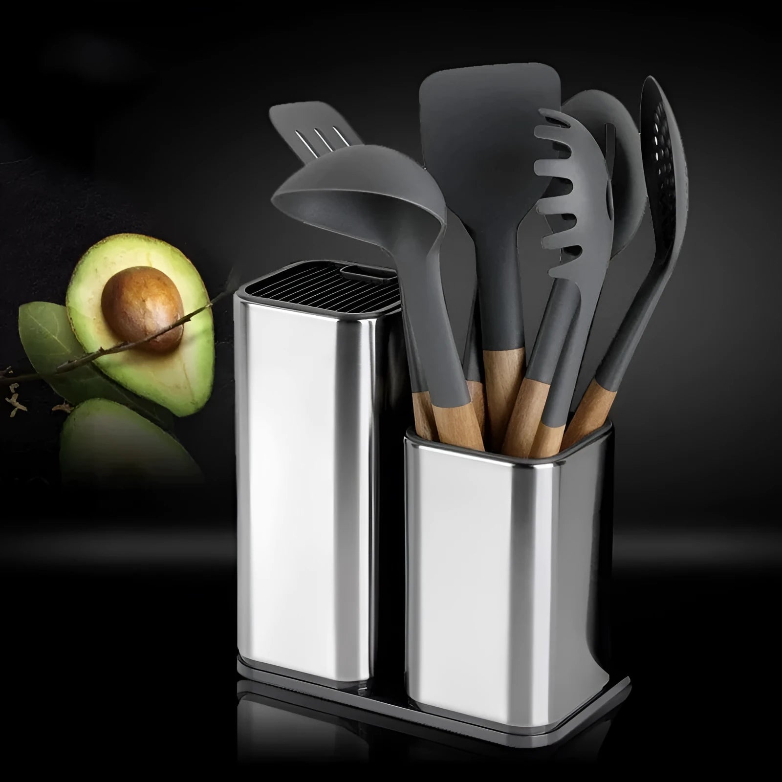 Black kitchen knife holder with detachable storage bucket showing stainless steel blade slots
