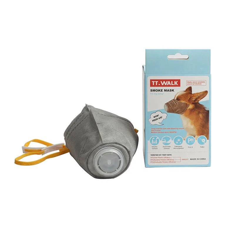 Grey dog anti-fog haze mask with soft cotton mouth cover and Velcro strap for respiratory protection