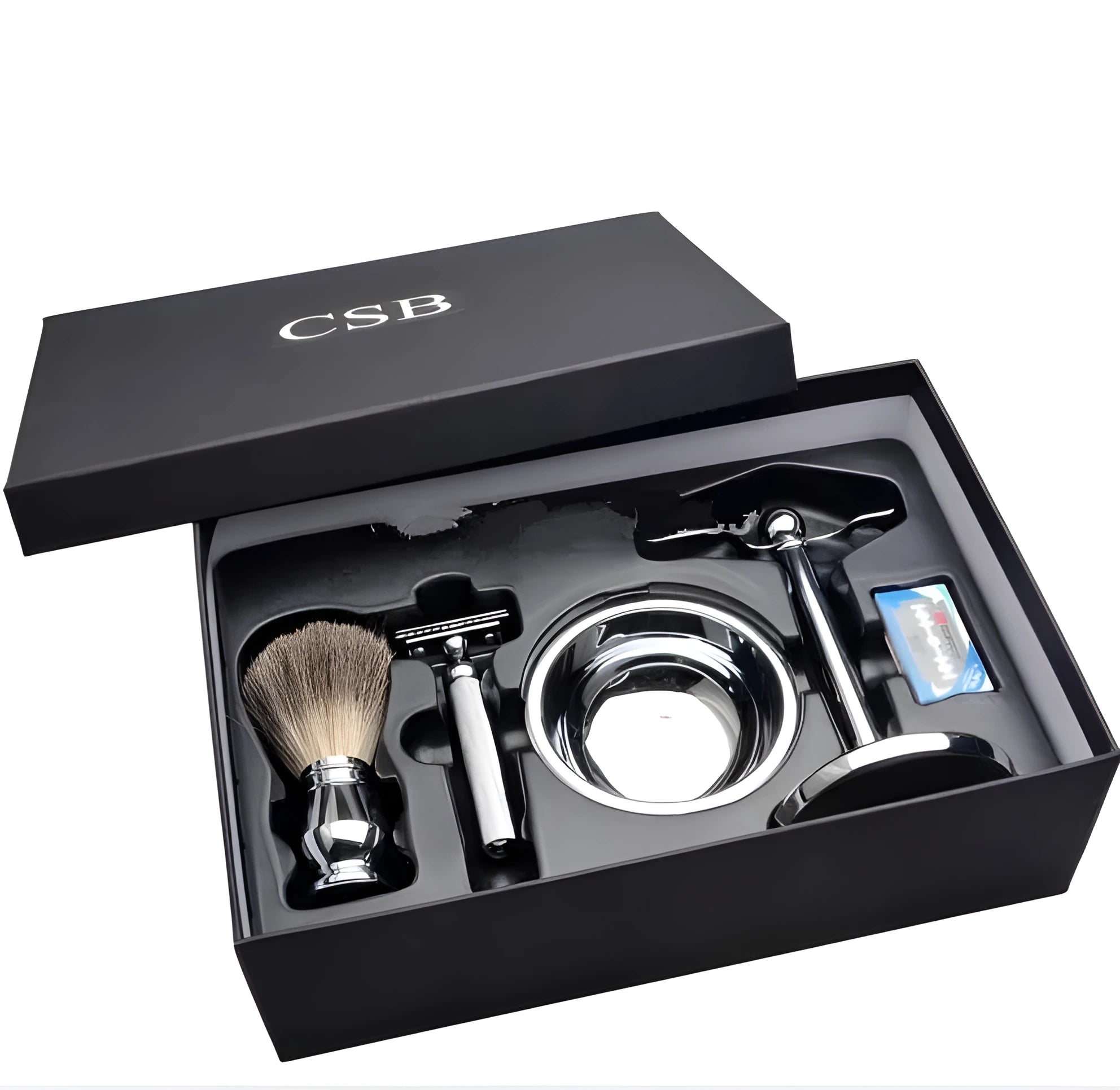 CSB men's shaving set with chrome stand holding a double-edge razor and badger hair brush, plus soap bowl and blades.