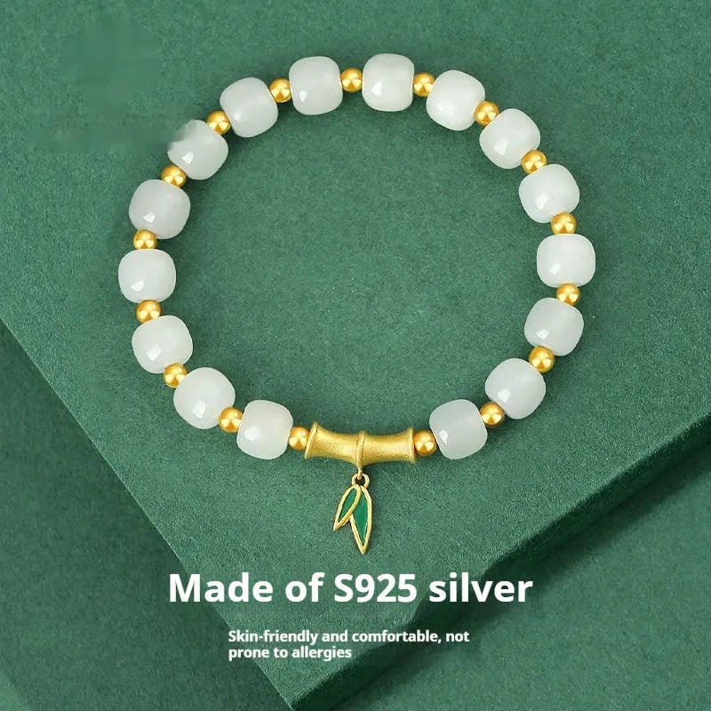 S925 sterling silver bracelet with natural Hetian jade beads and bamboo leaf design elements