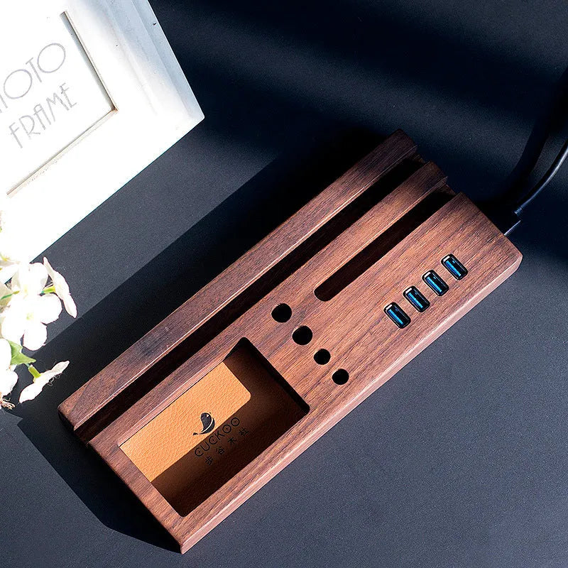 Solid wood desktop storage bracket with leather lined tray