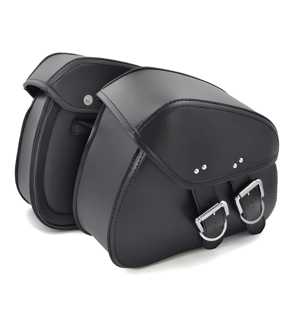Black PU leather motorcycle saddlebags for left and right side storage, 28x18x12cm on a cruiser bike