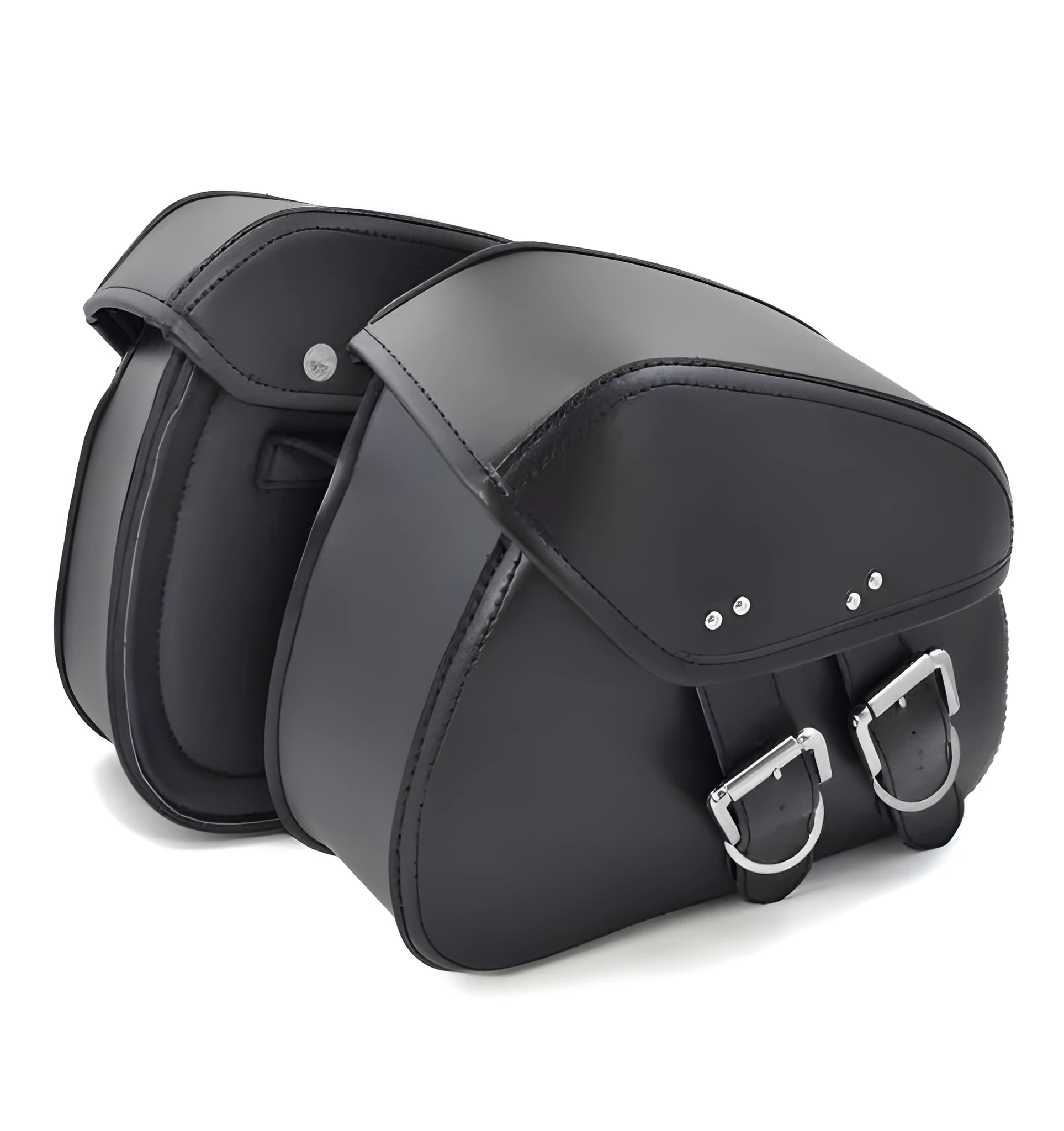 Black PU leather motorcycle saddlebags for left and right side storage, 28x18x12cm on a cruiser bike