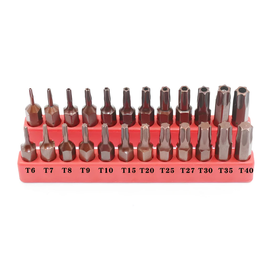 Black magnetic screwdriver bit set showing T6 through T40 sizes with hollow and solid hexagon options