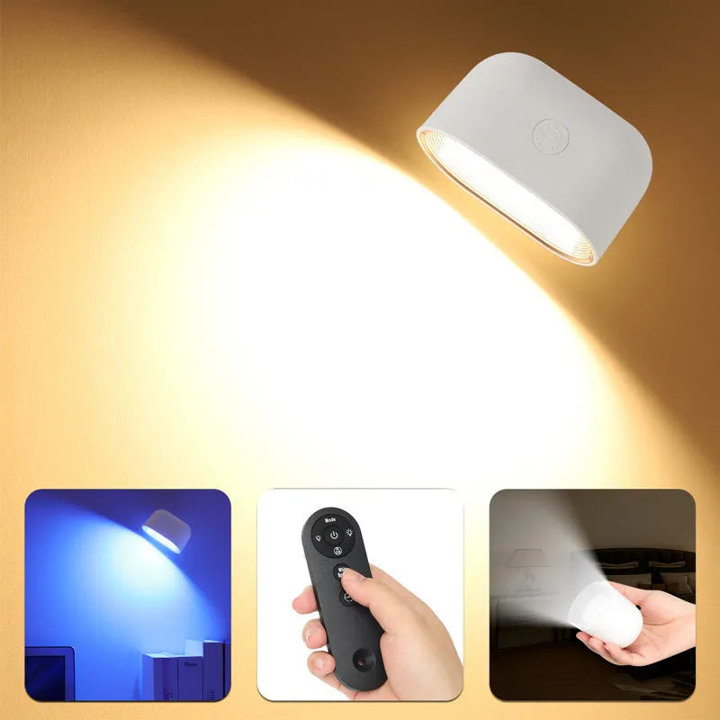 White remote-controlled magnetic wall lamp with oval faceplate on a plain wall.