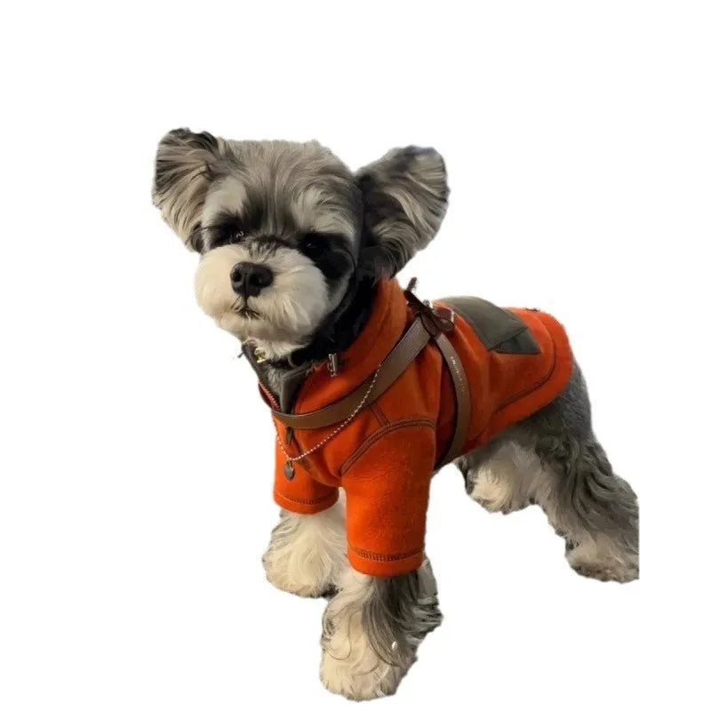 Red polyester hooded sweater for small dogs with two feet openings on a neutral background