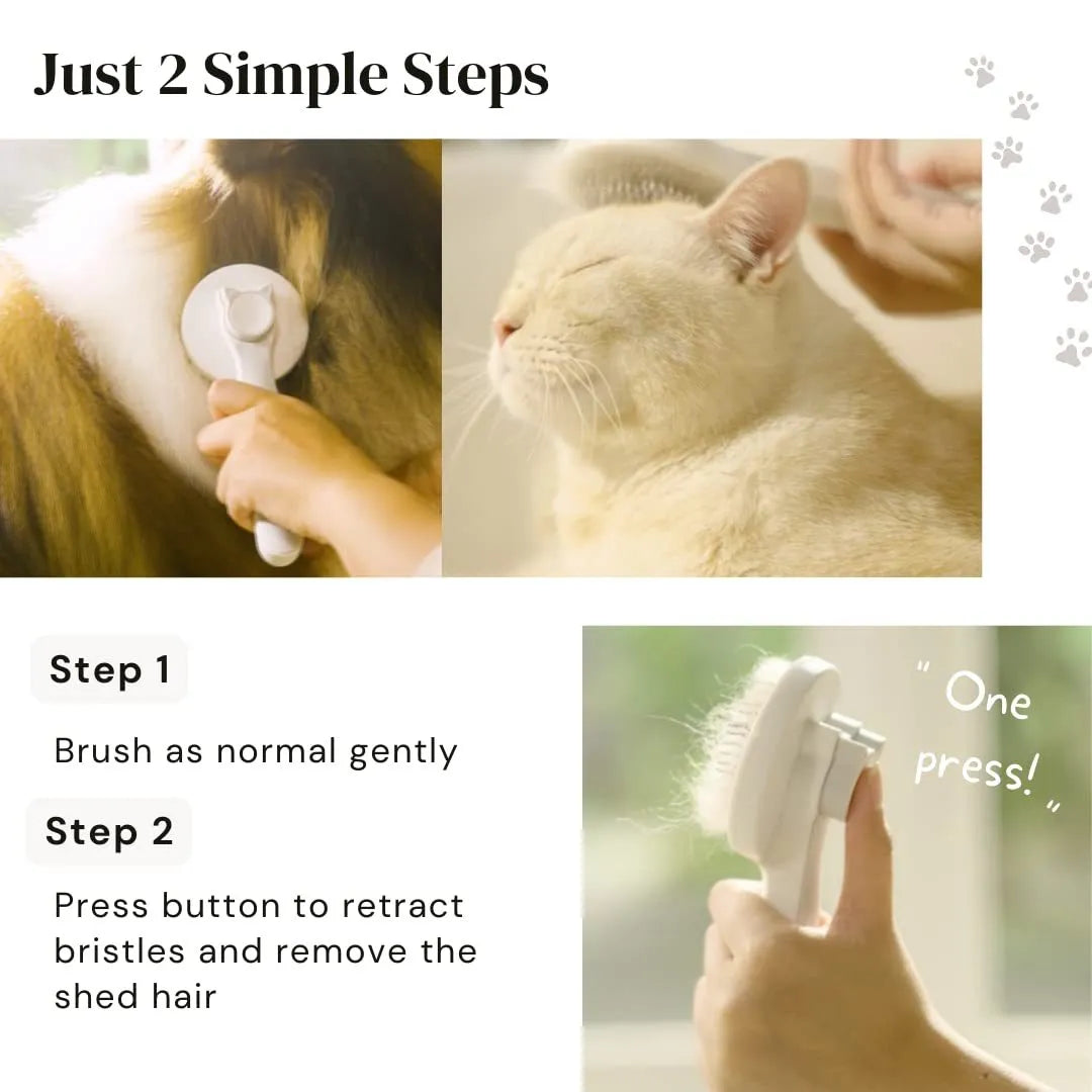 Self-cleaning slicker brush for dogs and cats with blue rubber handle and stainless steel pins