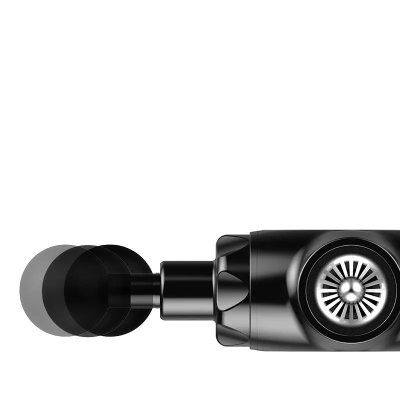 Black and white muscle relaxation massager with lithium battery showing 1800-3200r/min speed and 12mm stroke specifications