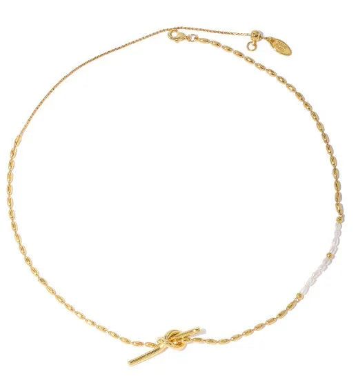Gold copper real pearl necklace with geometric ring and line design on adjustable chain