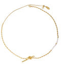 Gold copper real pearl necklace with geometric ring and line design on adjustable chain