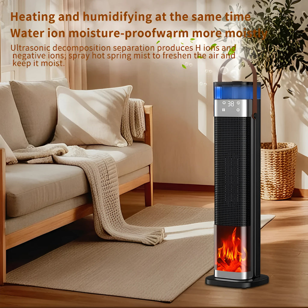 Slender vertical ceramic heater with humidifier and voice control, shown with remote.
