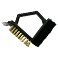 Triangular stainless steel barbecue cleaning brush with a blue PP plastic handle.