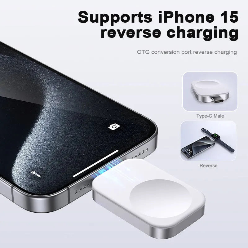 Black and white three-in-one magnetic wireless charger showing compact 4.3cm by 3.1cm dimensions