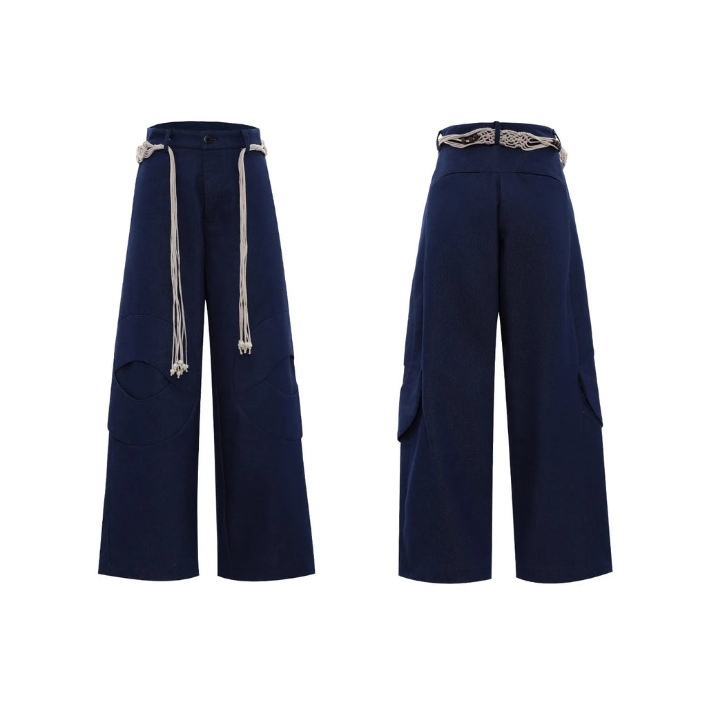 Men's straight-leg cotton trousers with loose fit, zip decorations and tassel detailing in dark colour options