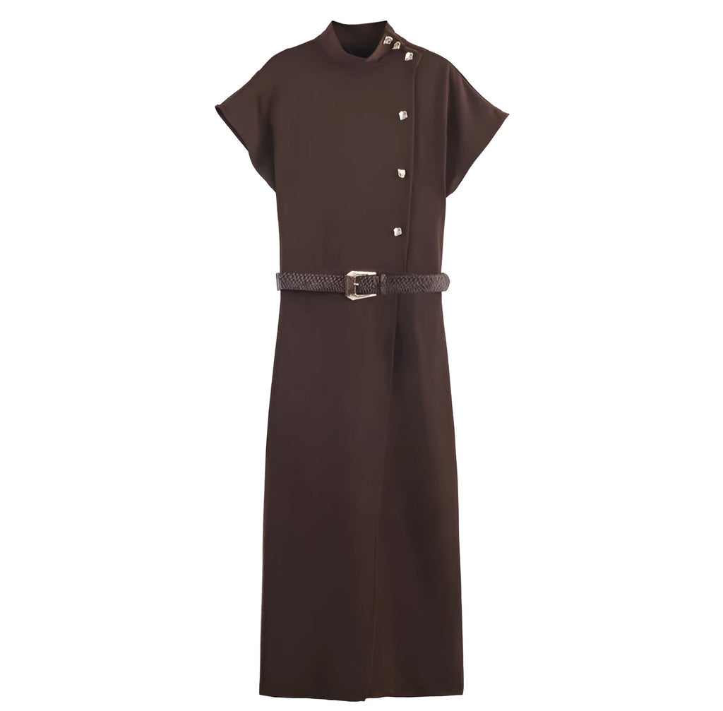 Brown women's belted dress with hood, long sleeves, and pleated irregular skirt in knitted mercerised cotton