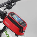 ROSWHEEL black bicycle frame bag holding a mobile phone mounted on a bike tube.
