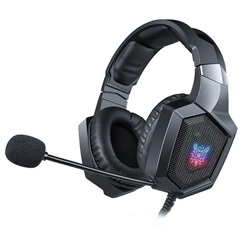 Black luminous wired gaming headset with 3.5mm plug on a desk for PC gaming