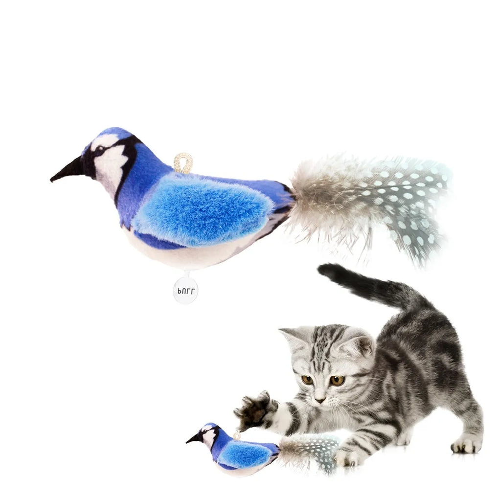 Plush bird simulation cat toy in blue kingfisher colour with feather-like design