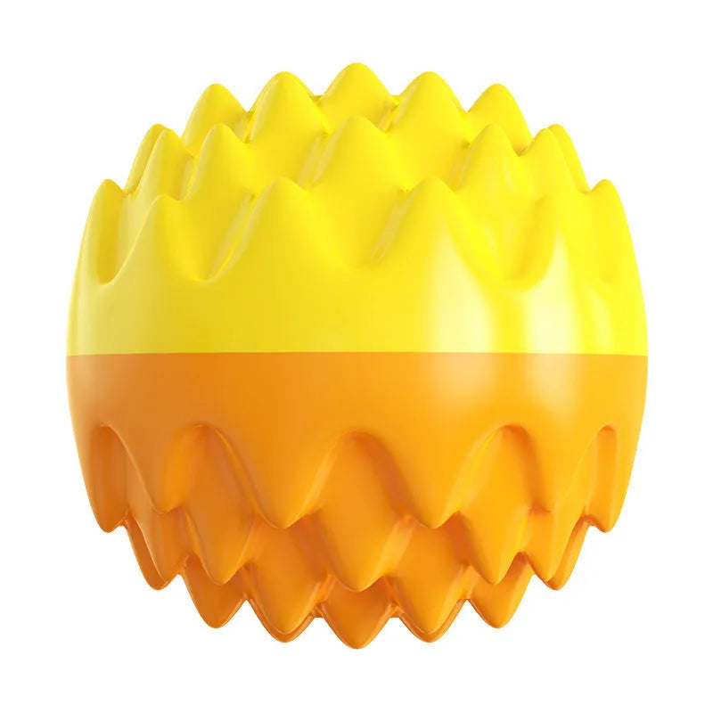 Blue and orange spiky rubber dog ball with squeaker for dental cleaning and water fetch