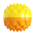 Blue and orange spiky rubber dog ball with squeaker for dental cleaning and water fetch