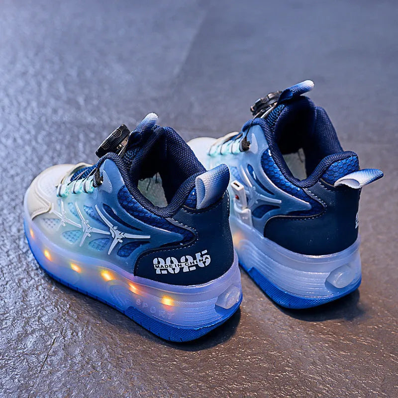 Children's flash knob roller skating shoes with adjustable closure in blue, black, or pink colours
