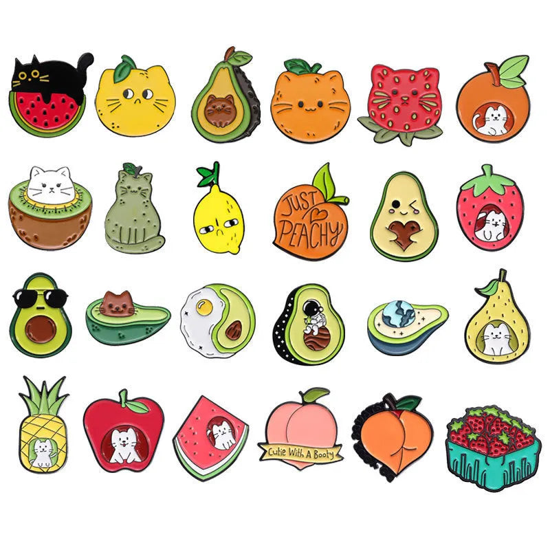Colourful cartoon fruit design on a zinc alloy letter-shaped brooch pin.