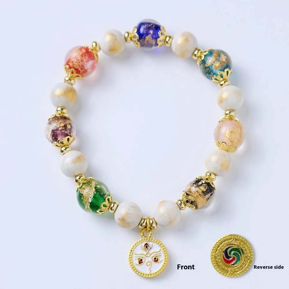 Handmade Five Gods of Wealth glazed porcelain bracelet with 10mm geometric beads