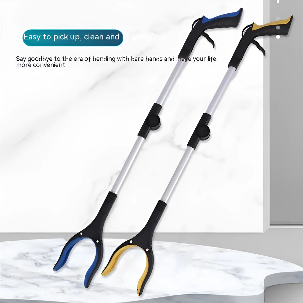 Foldable aluminium garbage clamp with blue handle extended to 80cm and folded to 42cm with magnet